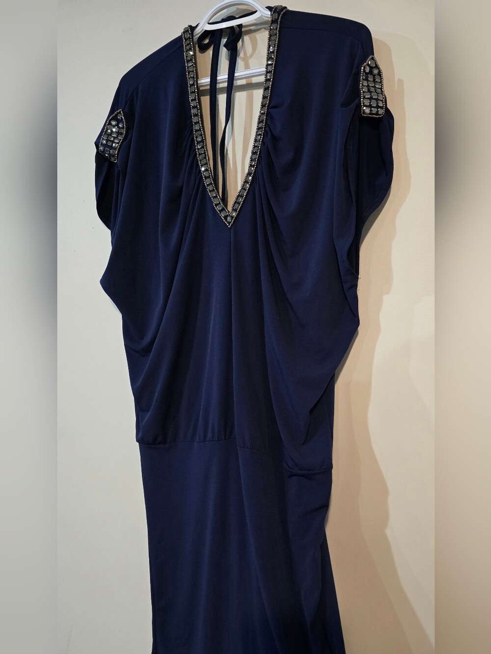 Moda International Navy Blue Embellished V-Neck Mini Dress. Low Back.
